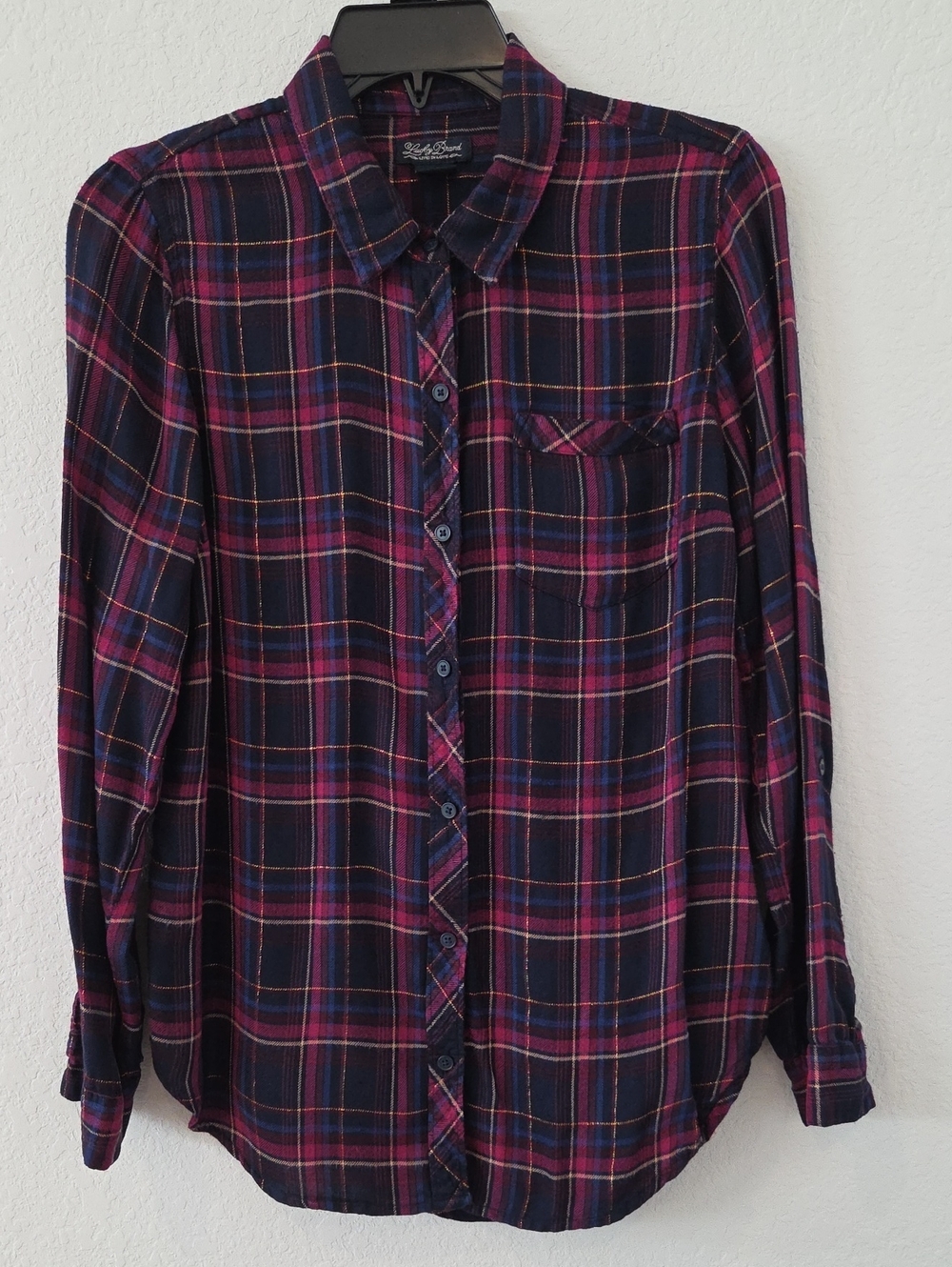 Womens Lucky Brand Navy Purple Magenta Plaid Button Shirt Gold Metallic Thread